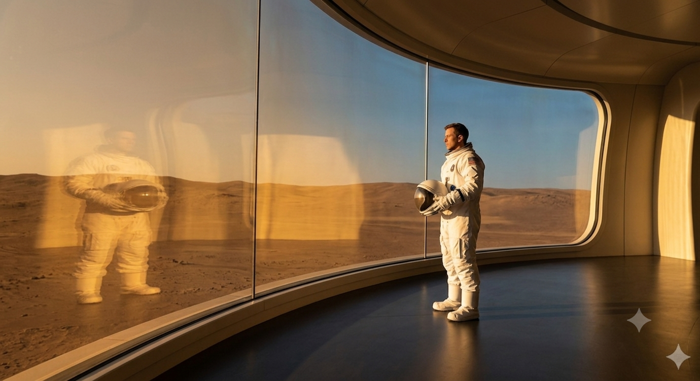 A cinematic, wide-angle image of an astronaut standing inside a modern habitat structure on a distant planet, looking out a large window at a barren desert under a hazy sky. Warm, golden sunlight streams through the glass, casting long shadows and illuminating the scene with a reflective, nostalgic glow that contrasts the sterile interior with the feeling of home.