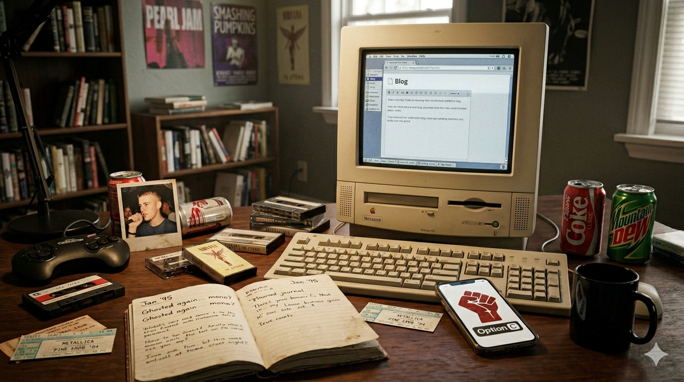 A photograph of a cluttered, vintage wooden desk from 1994, viewed through a contemplative lens. It is covered in analog items: concert ticket stubs, handwritten journals, and classic mix tapes. Scattered empty soda cans and old computing equipment anchor the scene in that specific year. Resting alongside these relics is a modern smartphone, prominently displaying the red fist logo on its screen. This image visualizes the contrast between a raw past and the modern resilience forged through those experiences.