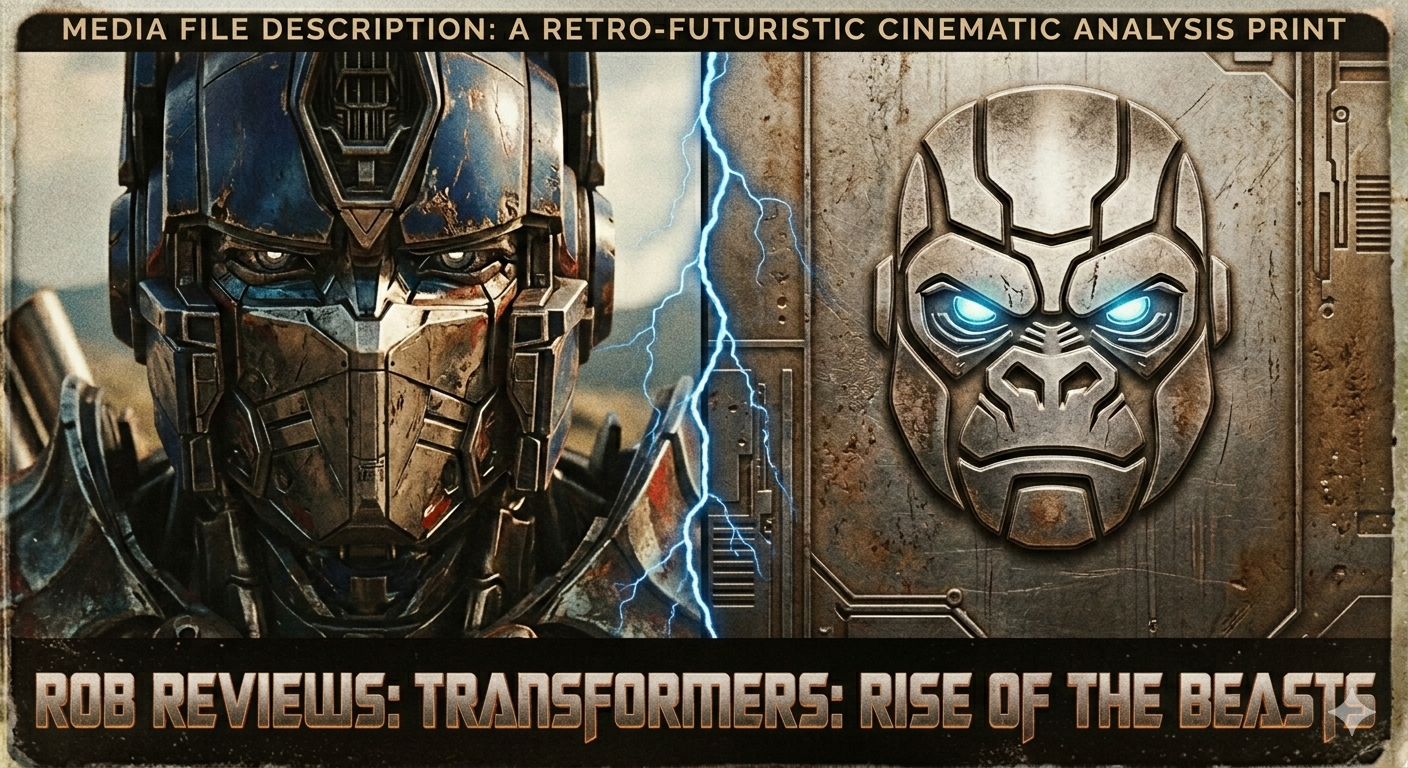 A promotional graphic for Transformers: Rise of the Beasts featuring a split composition of the classic Autobot leader Optimus Prime and the metallic Maximal insignia, highlighting the 1994 setting and the inclusion of the Beast Wars faction.