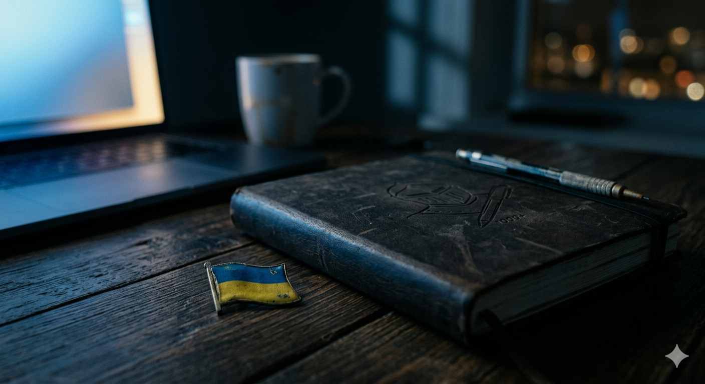 A moody, atmospheric photograph of a dark leather journal on a rustic wooden desk, dimly lit by a blue computer monitor glow. A small Ukrainian flag pin is positioned subtly on the desk beside the journal, symbolizing solidarity and daily commitment.