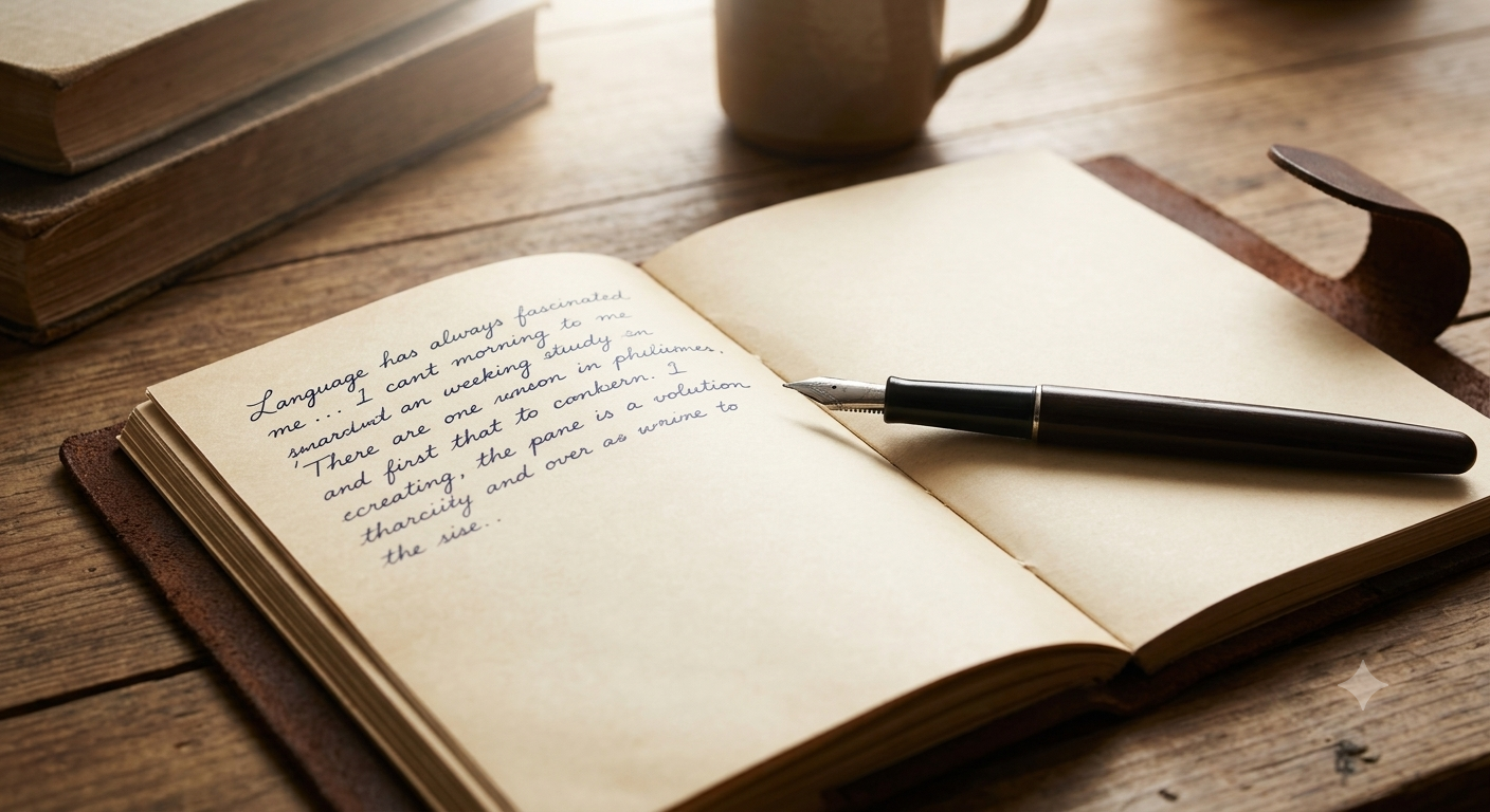 An open vintage notebook on a wooden desk with a fountain pen, symbolizing a quiet morning of writing, study, and the exploration of language and grammar.