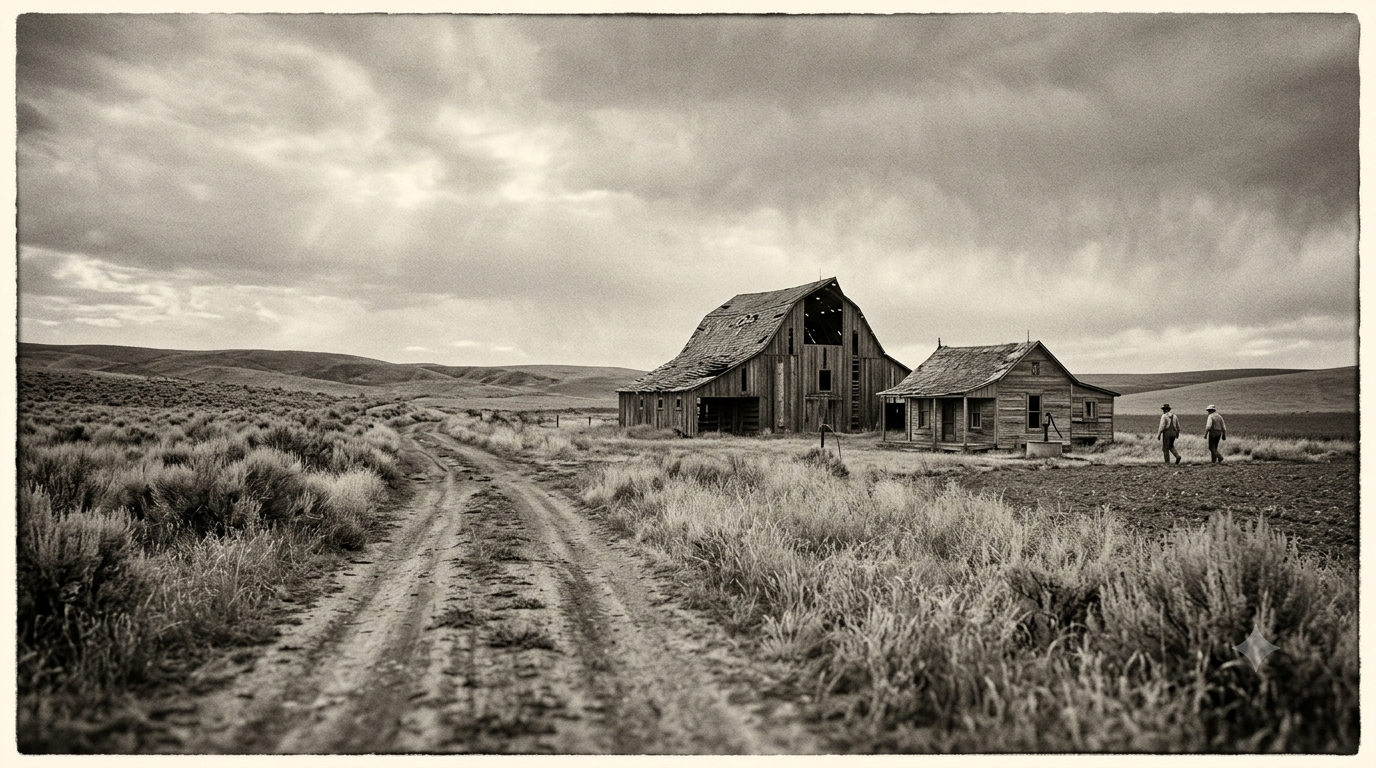 A black-and-white photograph of a weathered, wooden barn standing in the middle of a vast, empty field during the Great Depression, symbolizing the quiet, rural landscape of Steinbeck’s classic novel.