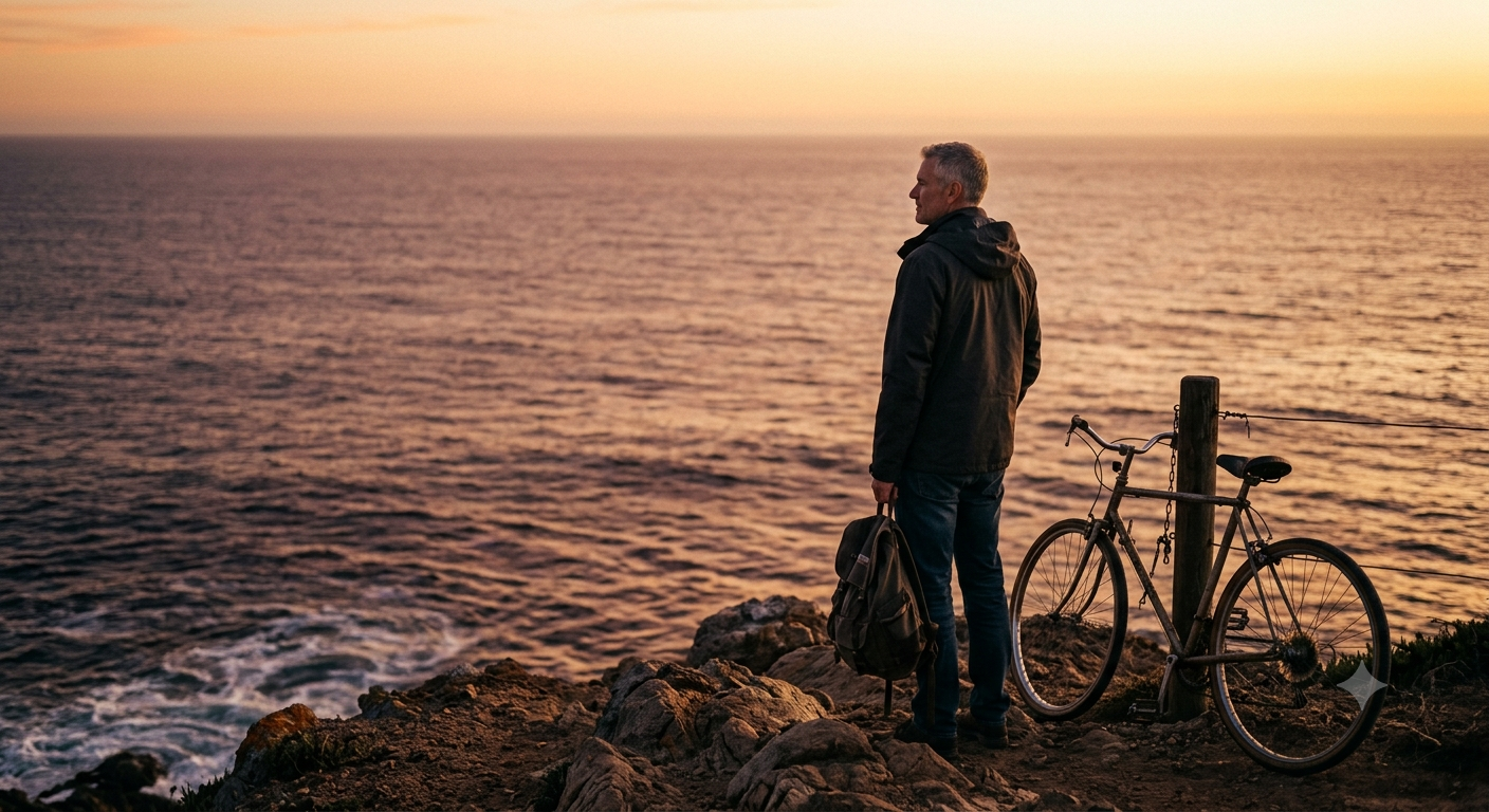 A solitary man in his 50s, back to the camera, stands on a rugged ocean bluff during a dramatic sunset, gazing at the wide horizon. A weathered bicycle rests against a nearby fence. (This emphasizes independence and the "Option C" path)