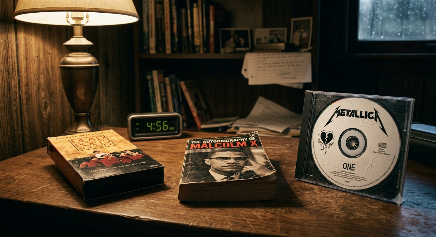 A moody, monochromatic collage featuring a silhouette of a teacher standing in a classroom, a vintage copy of The Autobiography of Malcolm X, and the iconic, jagged Metallica logo, representing the fusion of literature, discipline, and heavy metal that defines the author's journey.