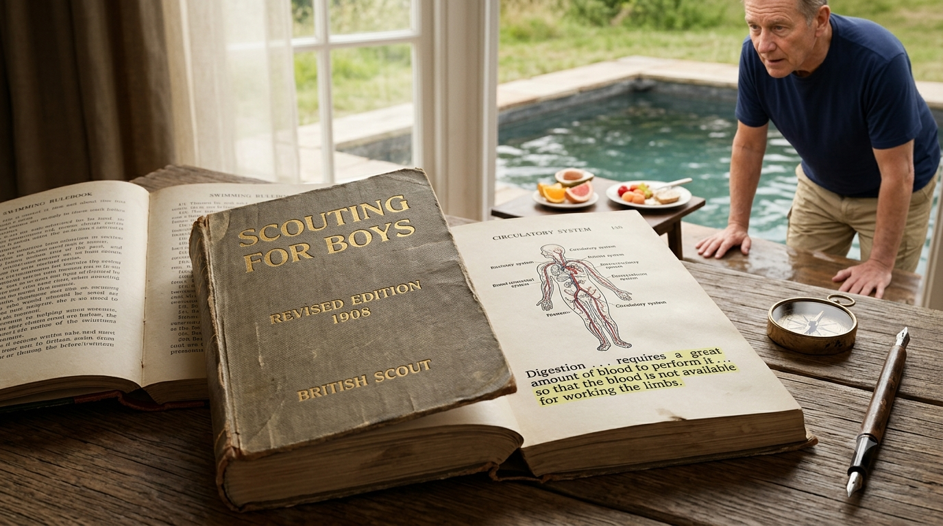 An old, open copy of "Scouting for Boys" from 1908 rests on a wooden desk. On the right-hand page, the text is open, and a specific paragraph about digestion is clearly highlighted.