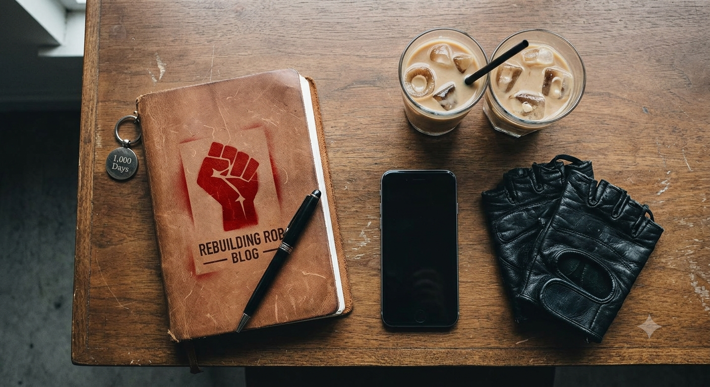 A top-down, high-contrast view of a desk featuring a weathered notebook, a smartphone, a cold brew coffee, and a pair of worn-in workout gloves resting next to them. The lighting is moody and intentional, emphasizing the tools used for both mental and physical recovery.