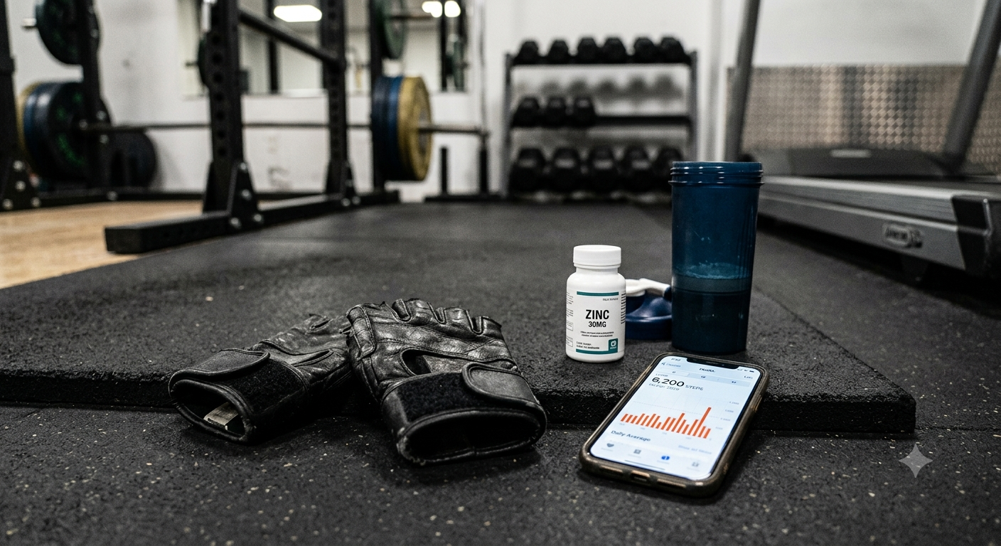 A gritty, close-up documentary-style photo taken inside a functional gym. The image focuses on worn leather lifting gloves resting on a heavy gym floor mat. Adjacent to the gloves are a small bottle of zinc supplements, a smartphone screen clearly displaying "6,200 steps" (the daily average for the year) from the Apple Health app interface, and a gym shaker bottle. The background is softly blurred, showing the industrial shapes of weight racks and equipment. This image symbolizes the sweat equity required to rebuild physical consistency.