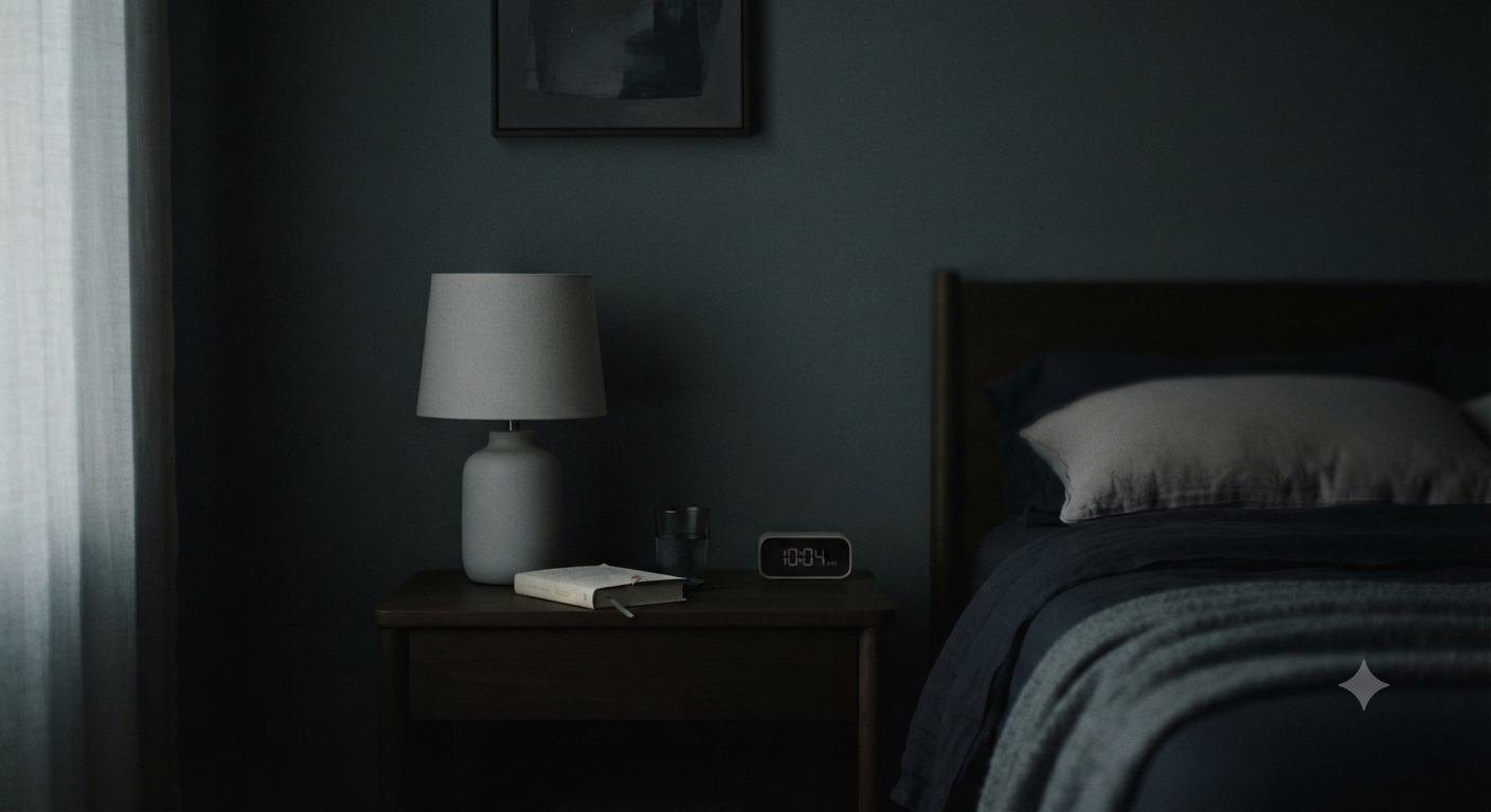A dark, peaceful bedroom interior, highlighting the "sacred temple" sanctuary approach to better sleep.