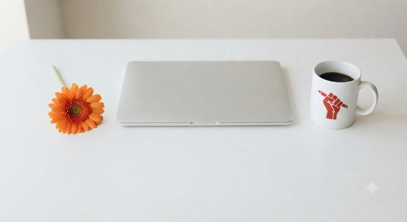 A minimalist desk flat-lay featuring a closed silver laptop, a white ceramic coffee mug displaying a red stencil fist logo (PressThis), and a single vibrant orange gerbera daisy on a clean white surface, representing curated digital creation and community.
