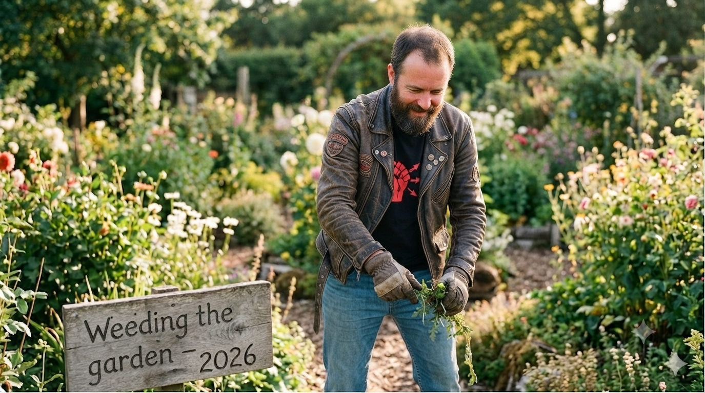 A photo-realistic outdoor portrait in the same vibrant, sunlit flower garden seen previously. The bearded man, wearing his signature distressed leather jacket and black t-shirt with the red stylized fist emblem, is now actively gardening. He is wearing sturdy work gloves and is crouching down, carefully pulling weeds from a section of the garden bed. To his left, the wooden sign has been updated to clearly read, "Weeding the garden - 2026."