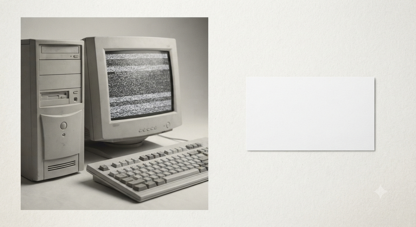 Monochromatic minimalist graphic showing a vintage beige 90s desktop computer and a single, blank, sterile white business card on a textured off-white paper background.