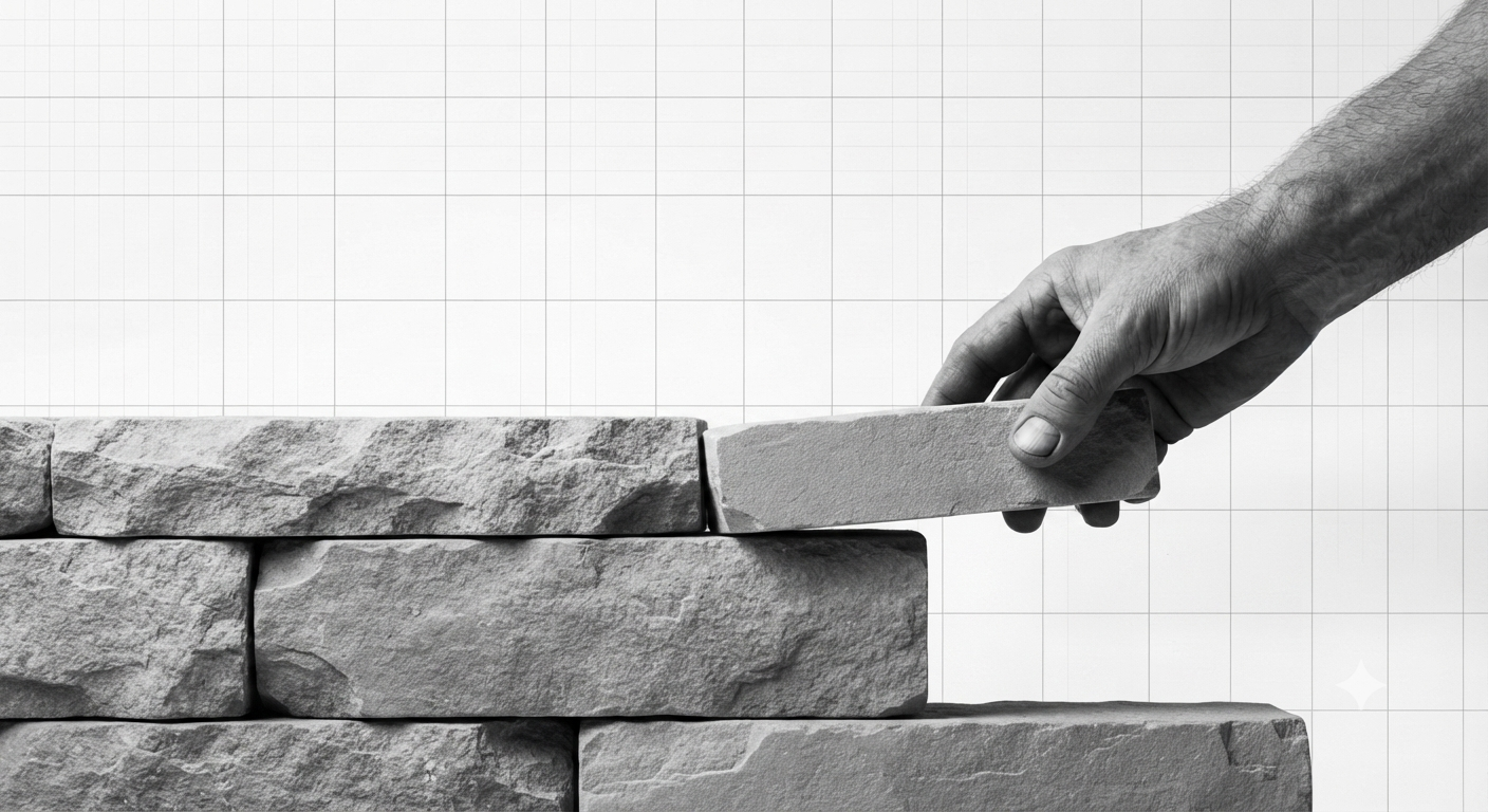 A minimalist black-and-white photograph set against the identical grid background seen in image_0.png. In stark contrast to the scattered pile of rubble from the earlier post, this image shows a steady, focused hand—similar to the one in image_0.png—carefully interlocking a precisely cut, smooth stone into a rising, well-structured wall. This scene signifies intentionality and resilience, representing the transition from salvaged material to the deliberate construction of a lasting foundation.