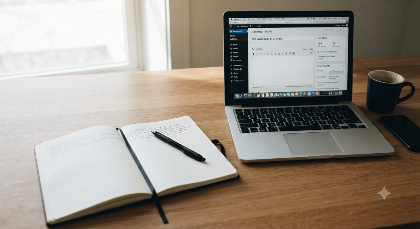A top-down, minimalist photograph of an open journal and a black pen sitting on a wooden desk. Morning sunlight streams across the page, casting soft shadows. The atmosphere is quiet, focused, and suggests the beginning of a thoughtful, intentional day