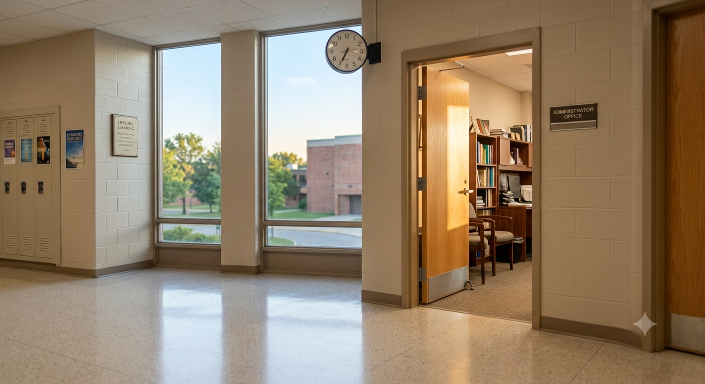 A contemplative photo of a school hallway leading toward an open office door, symbolizing the transition from the classroom to a leadership role. The image is set during the quiet hours of the school day, capturing a sense of focus, intention, and the 'bridge era' of a personal and professional rebuild.