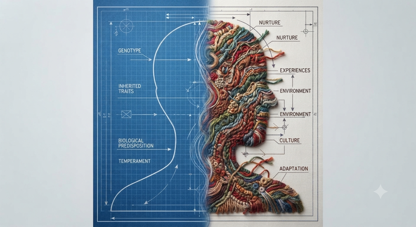 An architectural blueprint of a human silhouette on the left, transitioning into a vibrant, colorful tapestry of woven threads on the right, symbolizing the blend of genetic blueprints and lived experiences.