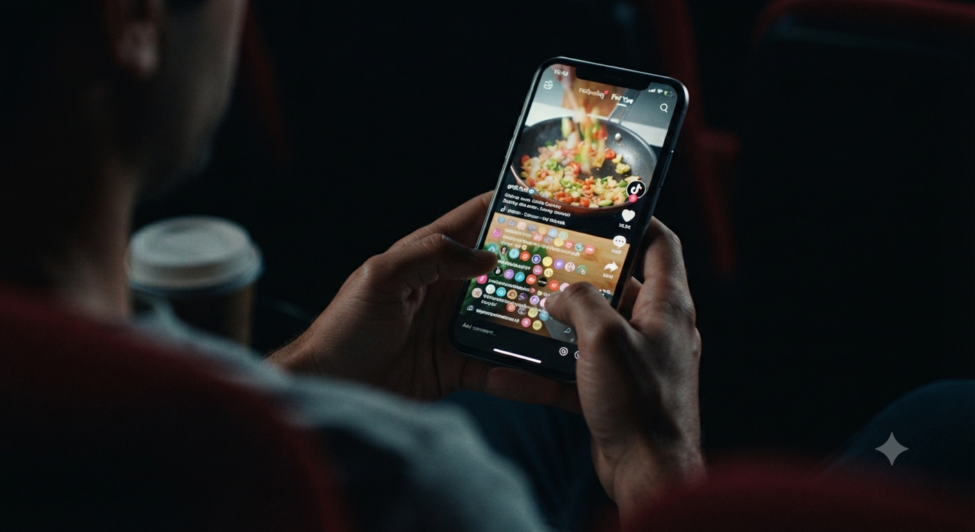 Close-up photograph in a dimly lit environment, perhaps a theater, focusing on a person's hands holding a smartphone. The bright phone screen displays an active TikTok cooking video and a densely populated, scrolling comment section filled with multiple user avatars and usernames, illustrating the experience of being an engaged audience member.