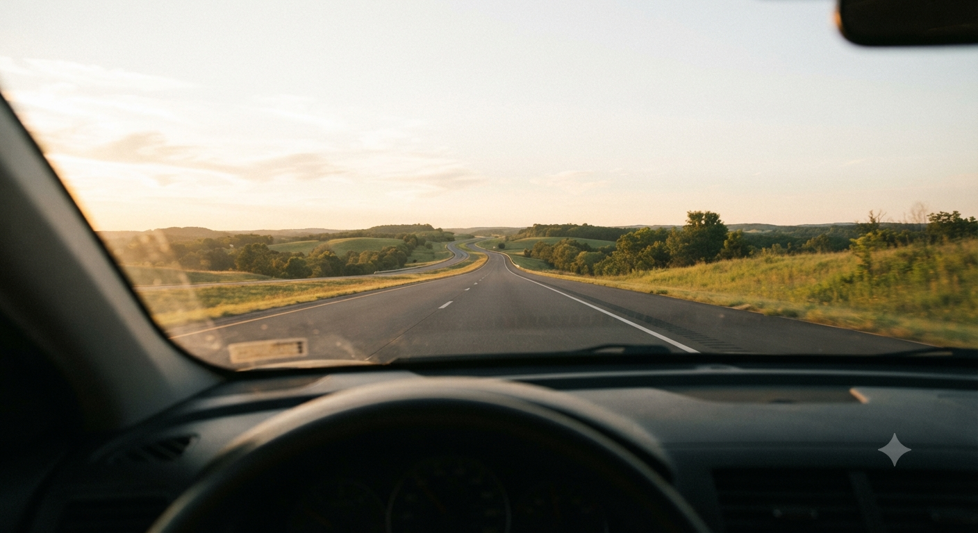 Over-the-shoulder perspective from inside a vehicle looking out through the windshield at a smooth, paved highway stretching ahead into a vast, sunlit horizon during the golden hour, symbolizing forward momentum and new beginnings.