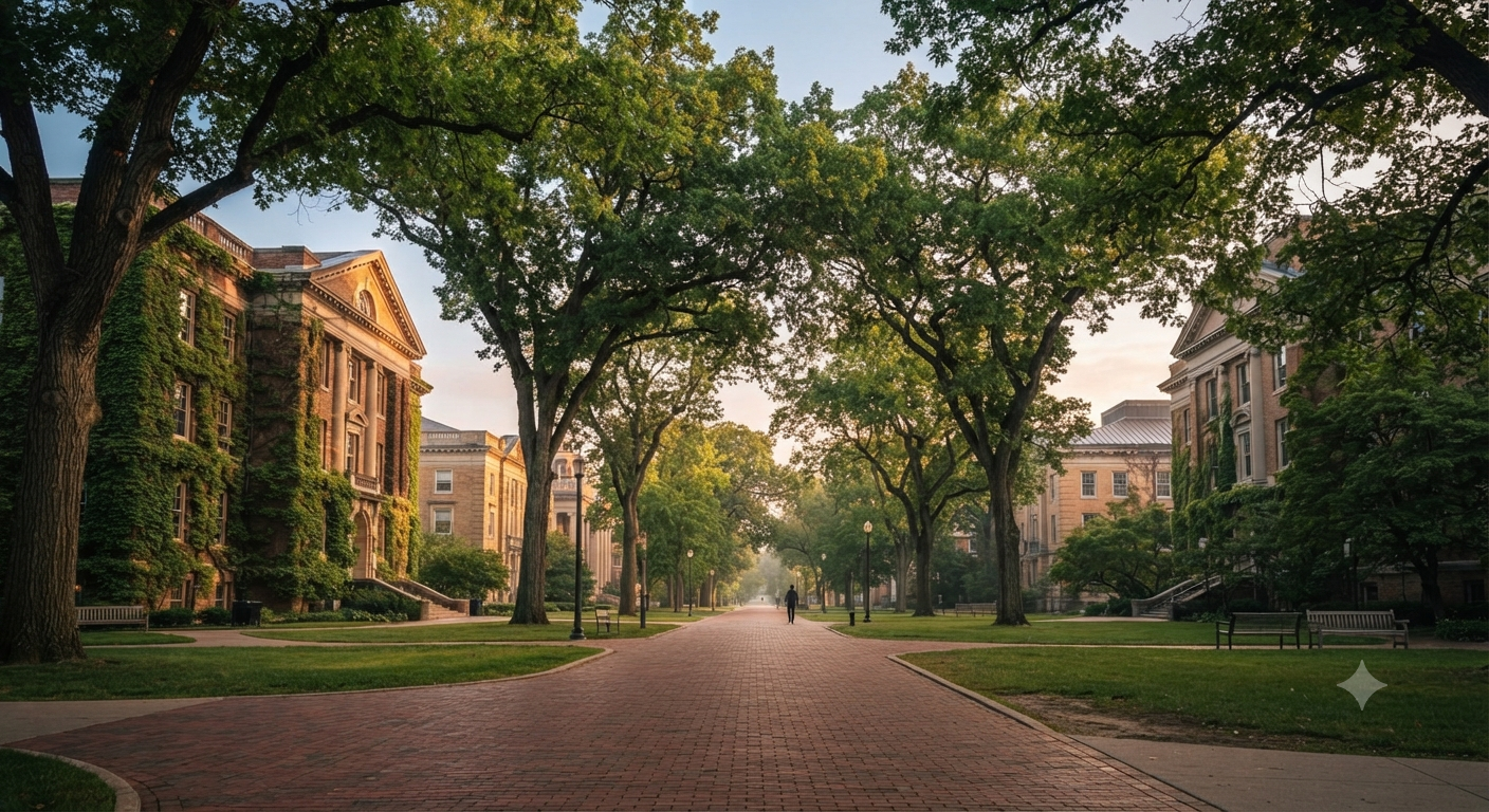 A sunlit university quad featuring historic brick buildings and mature trees lining a quiet brick pathway, capturing the atmosphere of a college campus at the start of a new semester.