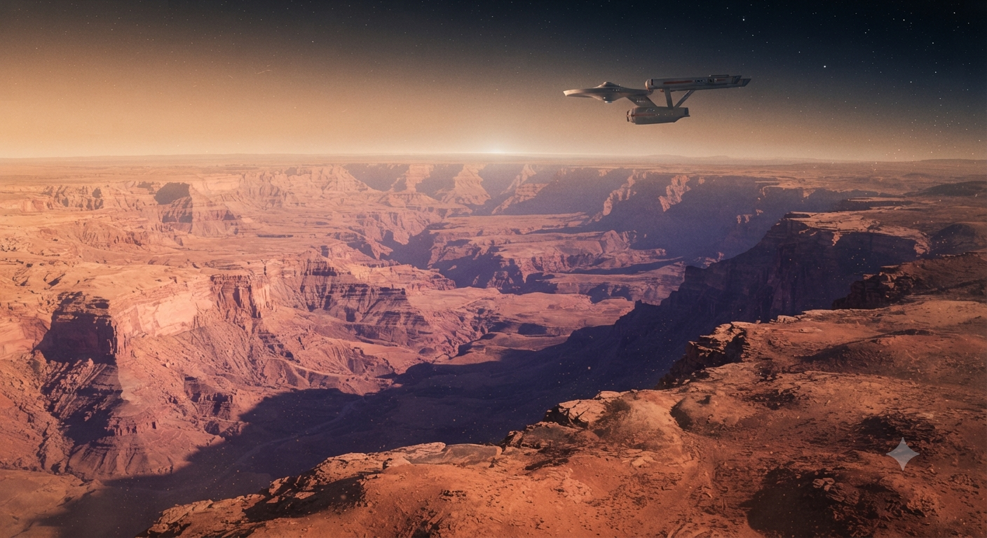 sweeping, cinematic landscape shot of Valles Marineris on Mars at sunrise, emphasizing its immense scale with the Enterprise visible in orbit above, hinting at the ancient civilization below.