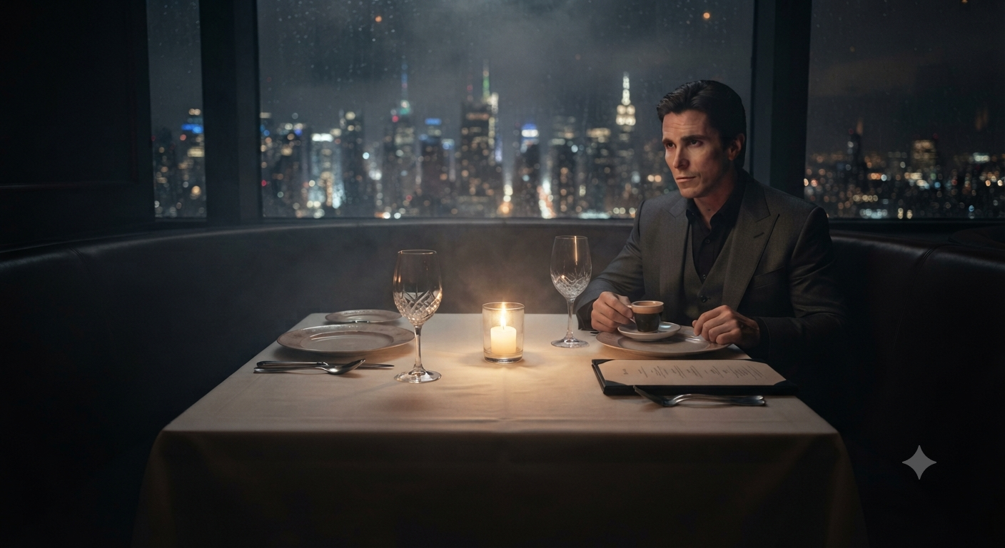 A cinematic photograph from a booth in an upscale, dimly lit restaurant at night. Seated across from the camera is a man with the likeness of actor Christian Bale (as Bruce Wayne). He is wearing a dark, sharp suit and a subtle dark tie. He is leaning slightly forward, his hands clasped, looking contemplatively and directly at the viewer. A single flickering candle in a glass holder sits centered on the white tablecloth between the empty place settings. Through the rain-streaked window behind him, the sprawling, blurred Gotham City skyline twinkles with distant lights.