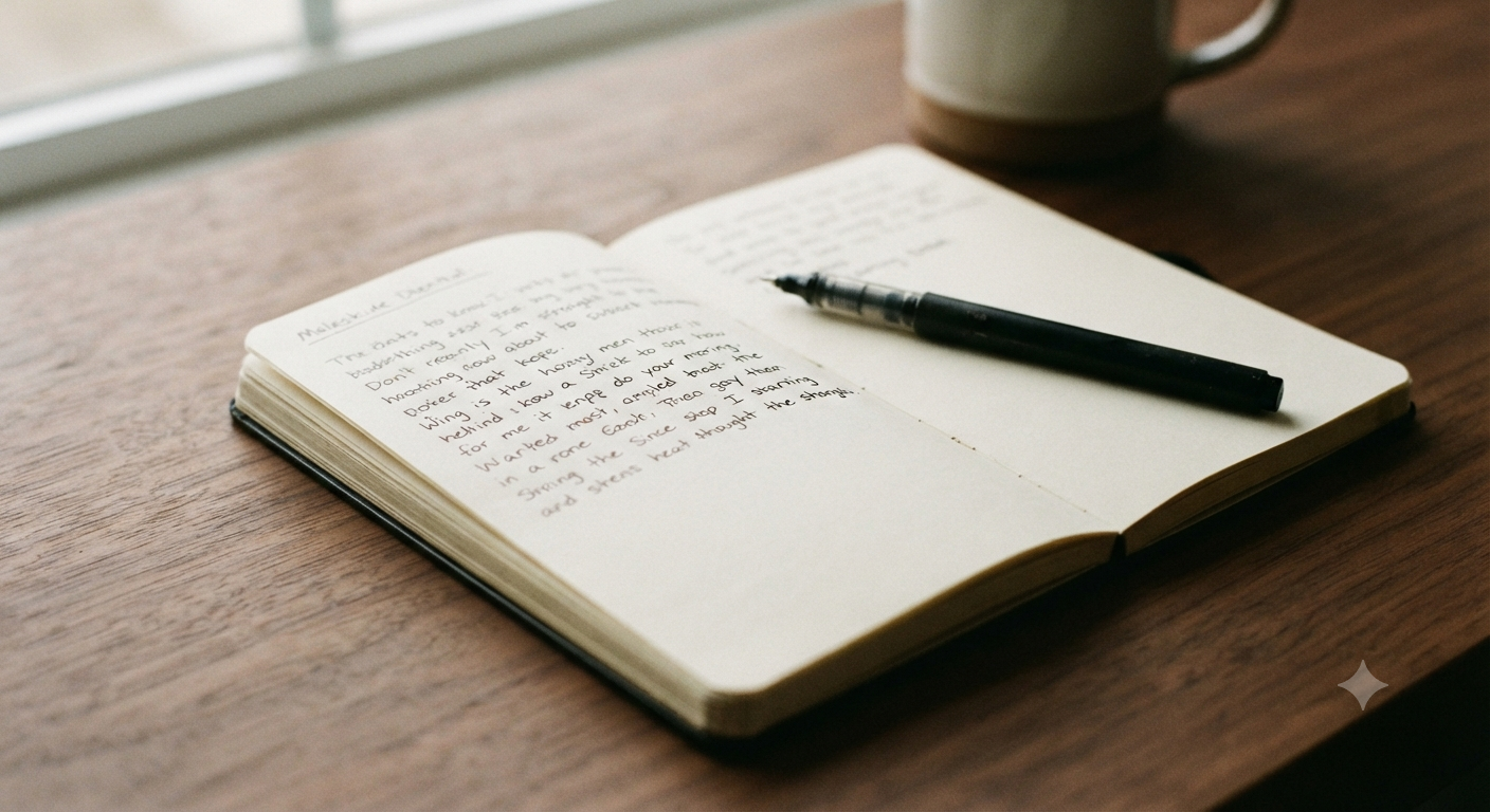 A minimalist photograph of an open, worn notebook resting on a warm wooden desk surface, illuminated by soft morning light. A black pen sits beside handwritten lines of text. A shallow depth of field blurs the background, which hints at a window and a coffee mug.