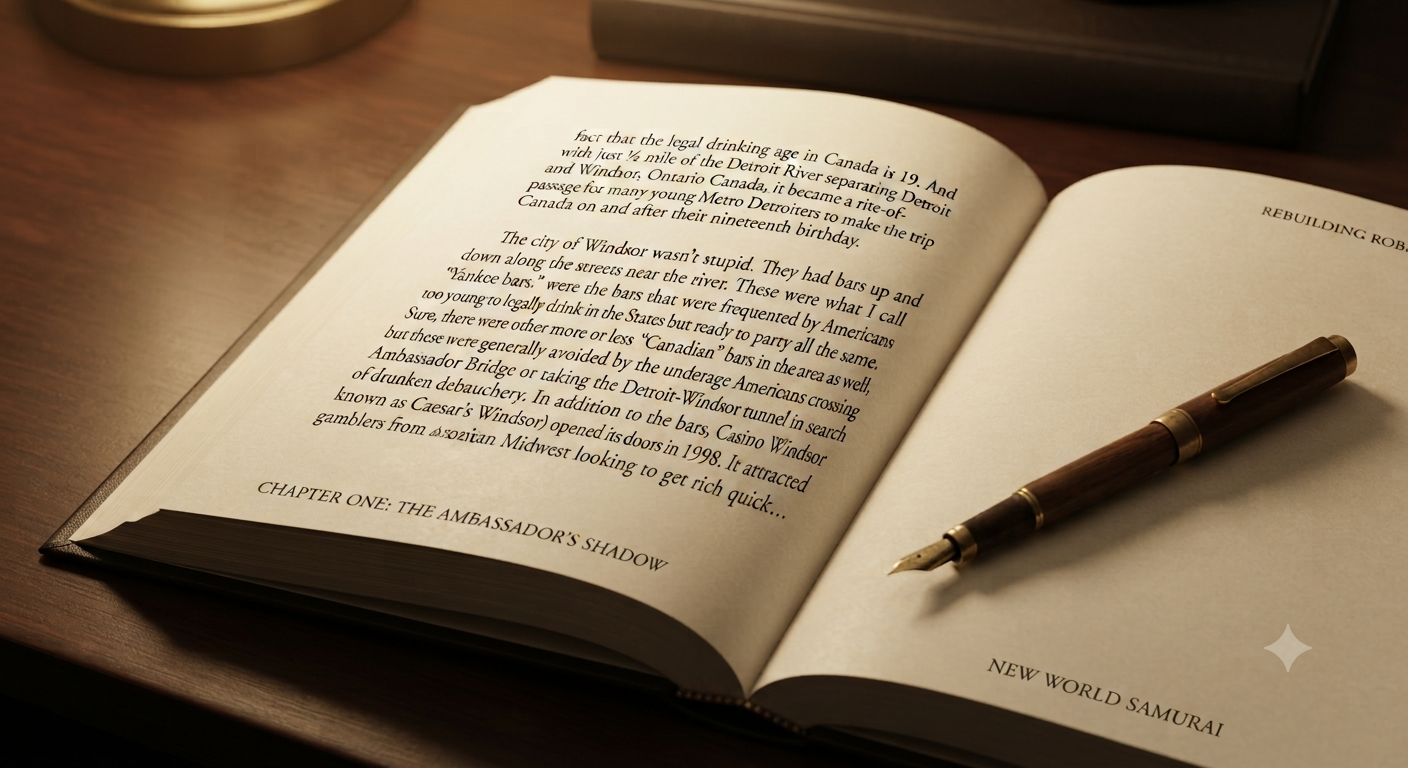 A close-up, warm-toned photograph of an open book resting on a dark wooden table, illuminated by soft ambient light, with a pen resting beside the pages to evo
