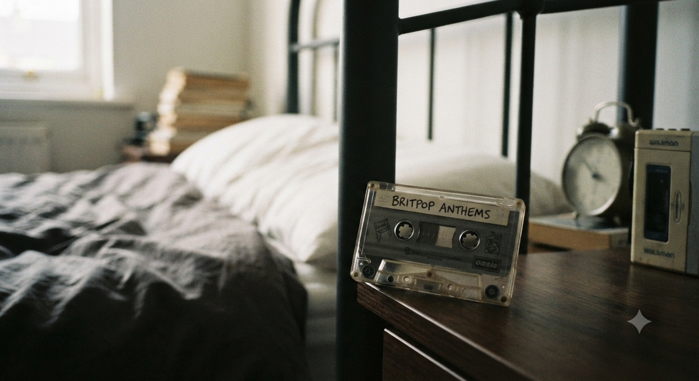 A grainy, desaturated photo capturing a retro cassette tape resting on a nightstand next to a bed, evoking a classic mid-90s atmosphere and a quiet, reflective morning.