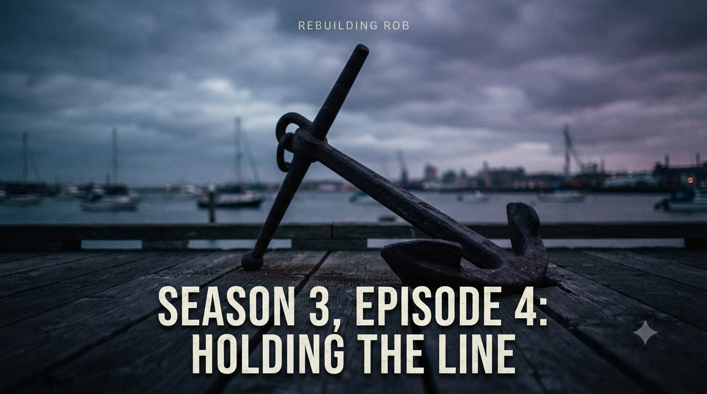 A dark, cinematic photograph of a large, weathered iron anchor resting on worn wooden pier planks at twilight, with "SEASON 3, EPISODE 4: HOLDING THE LINE" written in distressed white text across the bottom and "REBUILDING ROB" subtly at the top.
