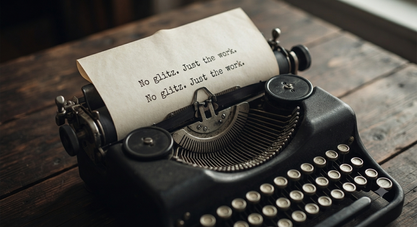 A close-up photograph of a vintage black manual typewriter resting on a dark wooden desk, with a paper fed into it displaying the repeated phrase "No glitz. Just the work." typed twice.