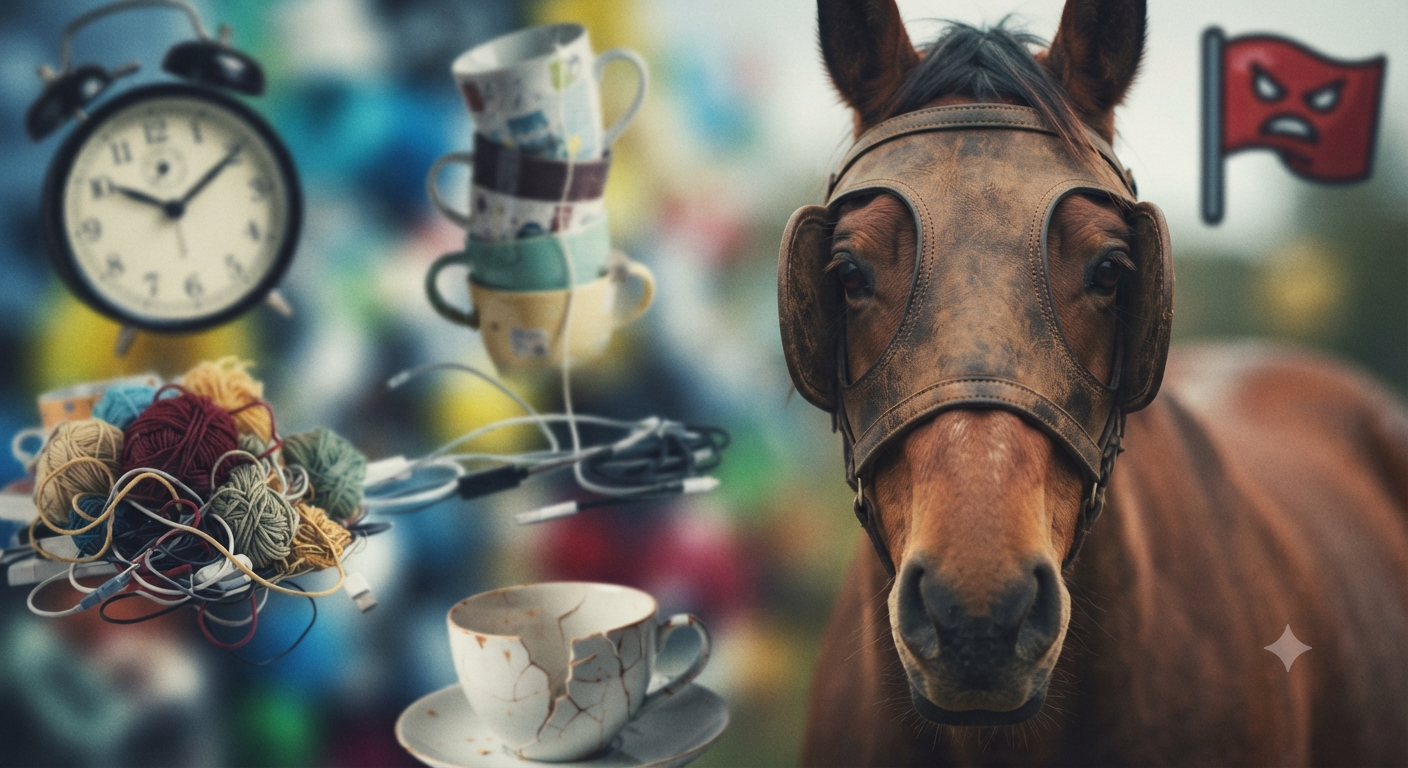Conceptual photograph of a horse wearing leather blinkers, looking directly forward. In the blurry background to the left, various symbolic objects float in the peripheral vision, including a vintage alarm clock, a tangled mess of yarn and cables, stacked mismatched mugs, a broken teacup, and a red flag icon.