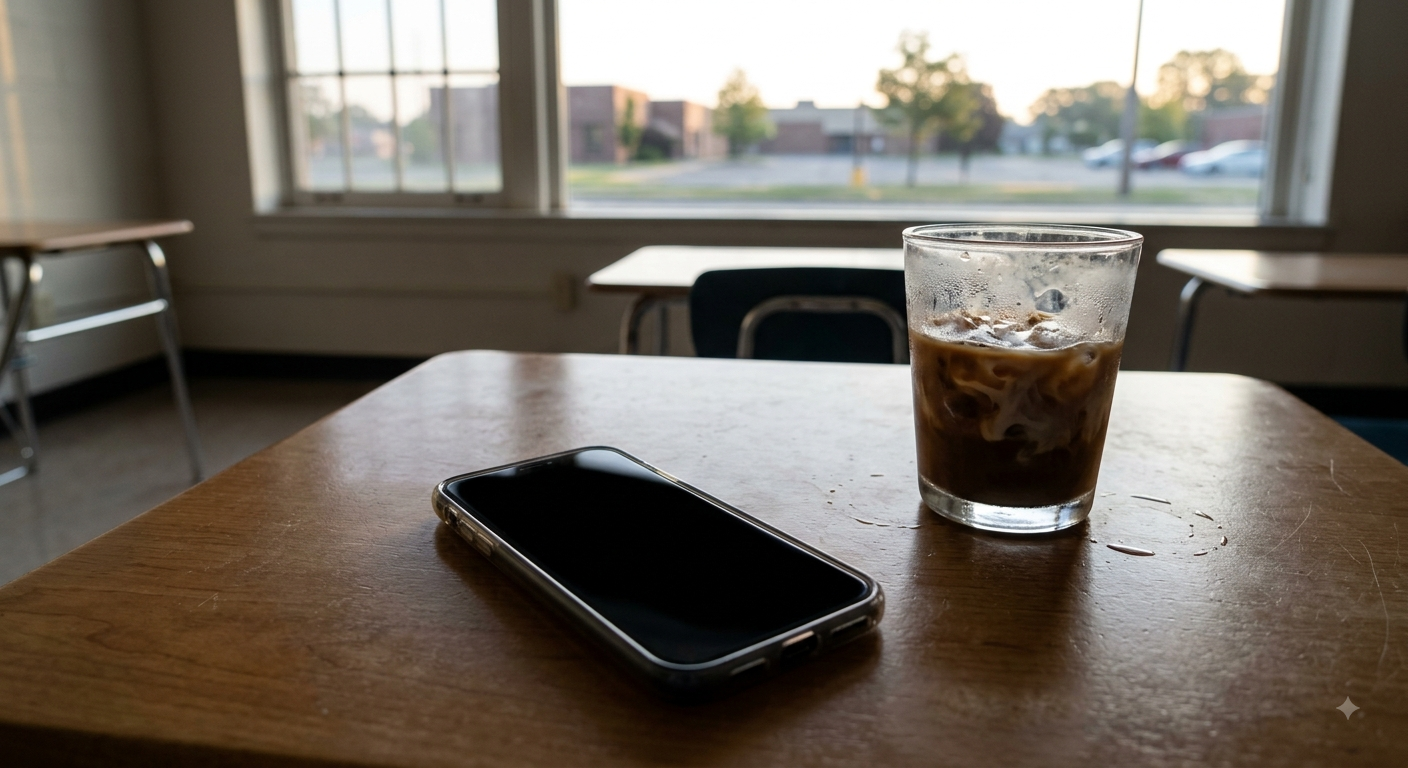 A smartphone face down on a wooden tabletop next to a cold coffee cup, symbolizing the conscious choice to step away from digital noise and information overload.