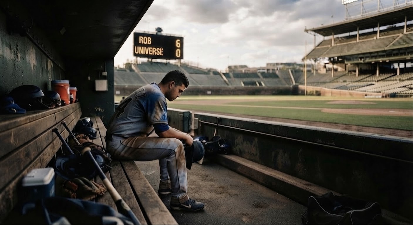 A medium-full shot from inside a grimy baseball dugout, looking out at the field. The player from image_49.png sits hunched on the wooden bench, looking down, with his dusty cap in his hands. The stadium scoreboard in the background shows "ROB 6, UNIVERSE 0," with no one else in the stands.