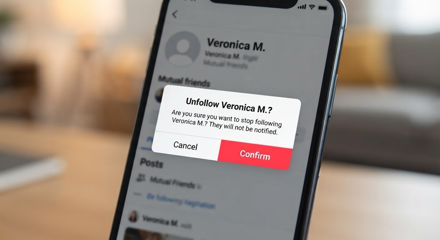 A close-up photograph of a modern smartphone showing a social media confirmation screen with a pop-up window. The window text asks, "Unfollow Veronica M.?" with a large red "Confirm" button below a cancel button.