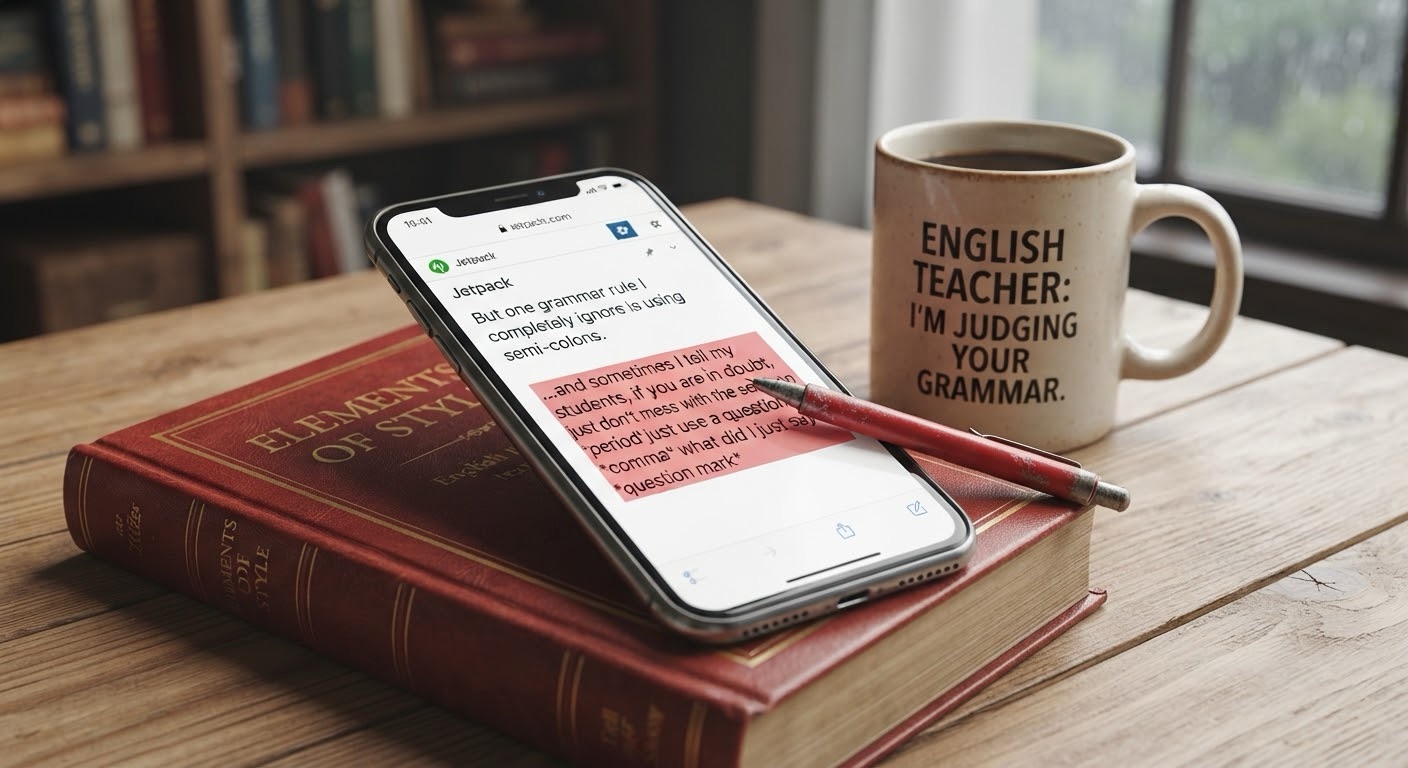 A close-up photograph on a wooden desk shows a modern smartphone resting on top of a vintage, red leather-bound copy of The Elements of Style. The phone screen displays a WordPress Jetpack draft that reads, "But one grammar rule I completely ignore is using semi-colons." Below this, a highlighted section reveals a humorous voice-dictation transcription error: "...and sometimes I tell my students, if you are in doubt, just don't mess with the semi-colon period just use a question mark wait comma what did I just say question mark". A red pen rests on the phone, and a mug nearby reads "ENG