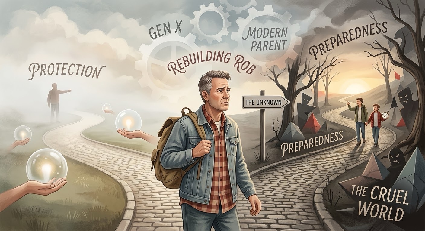 Conceptual illustration featuring a man standing at a crossroads between two paths. One path is calm and lined with glowing protective spheres, while the other leads toward a rugged, complex landscape under the phrase "The Cruel World." Overhead, gears turn in the sky, symbolizing the transition from Gen X independence to modern parenting.