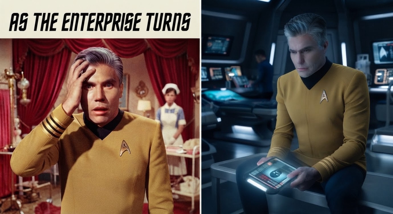 Split-screen editorial photo comparing a 1960s soap opera style to modern sci-fi. On the left, a vintage, grainy shot shows a Captain Pike lookalike in a yellow Starfleet uniform clutching his head in shock on a theater set with red velvet curtains, beneath a title card reading "AS THE ENTERPRISE TURNS." On the right, a crisp, modern high-definition shot shows the same captain in a sleek futuristic sickbay, holding a glowing PADD with a melancholic expression.