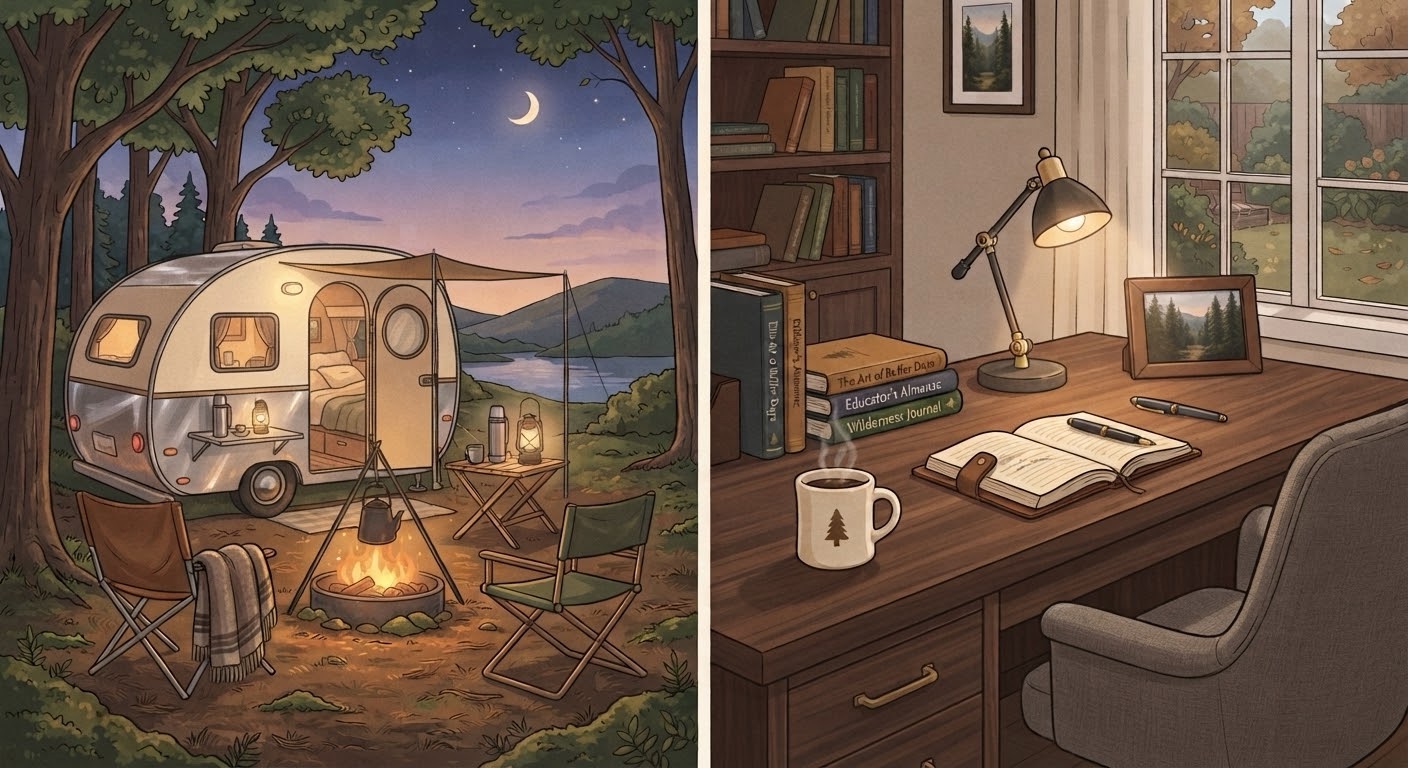 A split-screen digital illustration showing a tranquil forested campsite on one side and a cozy, organized home office desk with a coffee mug on the other, representing the balance between a weekend getaway and a peaceful buffer day at home.
