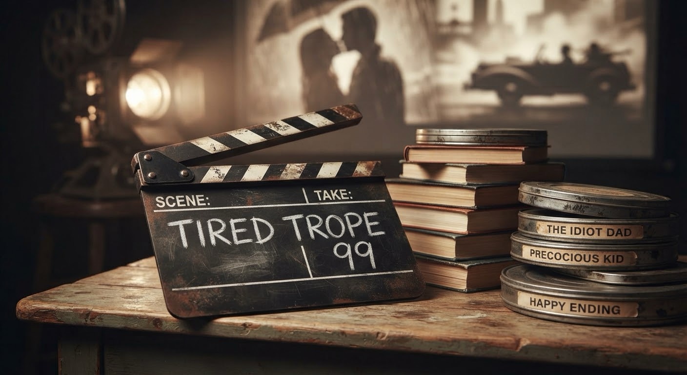 A distressed vintage clapperboard sits on a wooden desk next to a stack of old books and film canisters labeled "THE IDIOT DAD," "PRECOCIOUS KID," and "HAPPY ENDING." In the blurred background, a projector casts silhouettes of classic movie scenes onto a screen.
