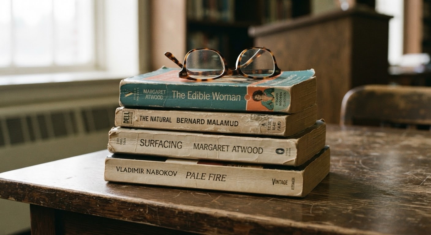 A stack of four worn vintage paperbacks—featuring The Edible Woman and Surfacing by Margaret Atwood, The Natural by Bernard Malamud, and Pale Fire by Vladimir Nabokov—with reading glasses resting on top, all sitting on a scratched wooden desk in a blurred library setting.