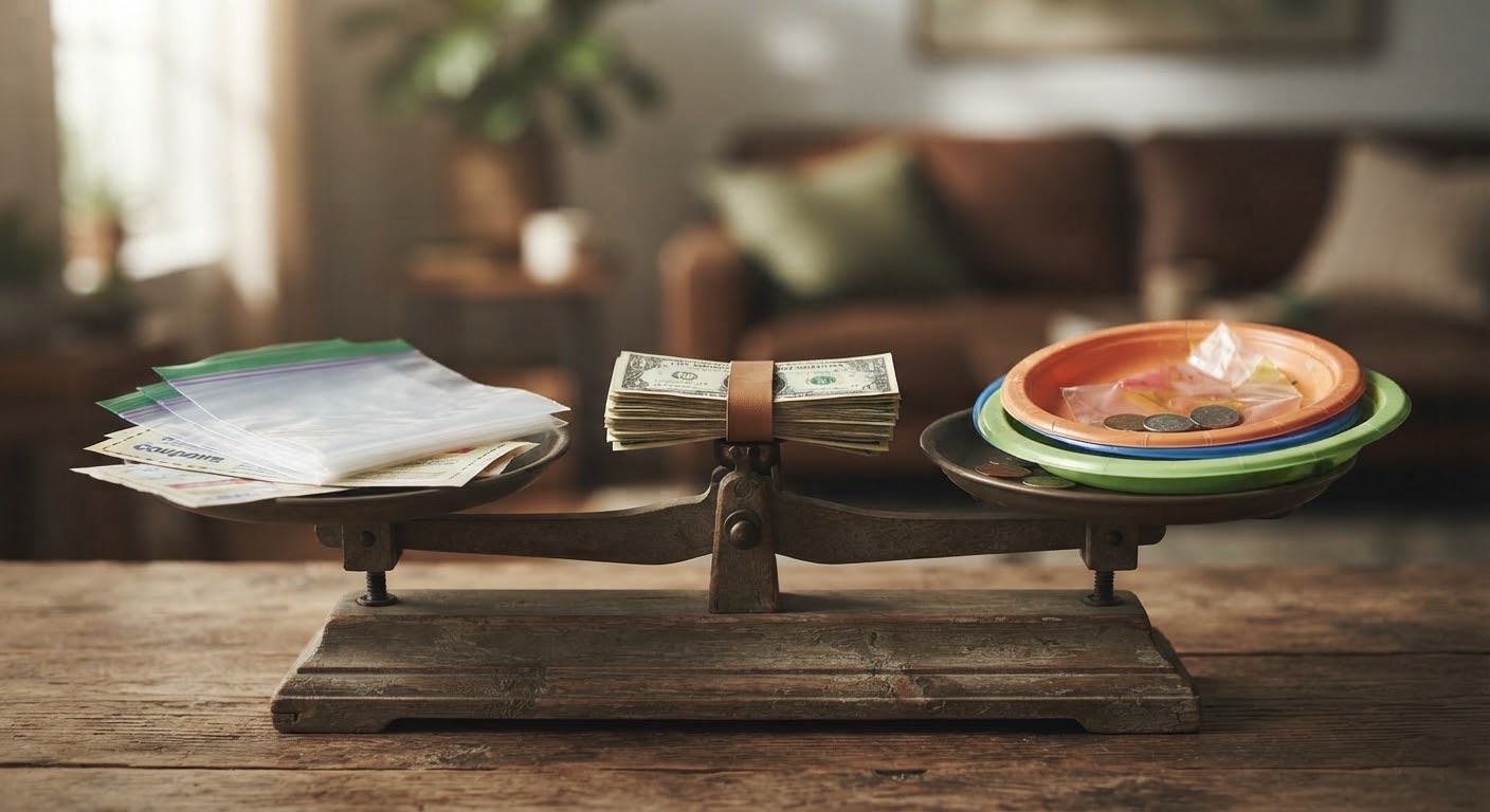 A still-life photograph of a weathered, balanced wooden scale resting on a rustic wooden table. On the left scale pan sits a bundle of carefully reused plastic bags and coupons, representing extreme frugality. On the right pan sits a stack of cheap, disposable plates and loose coins, representing wastefulness. In the center, a neat stack of currency acts as the fulcrum, symbolizing the balanced financial mindset of living below your means.