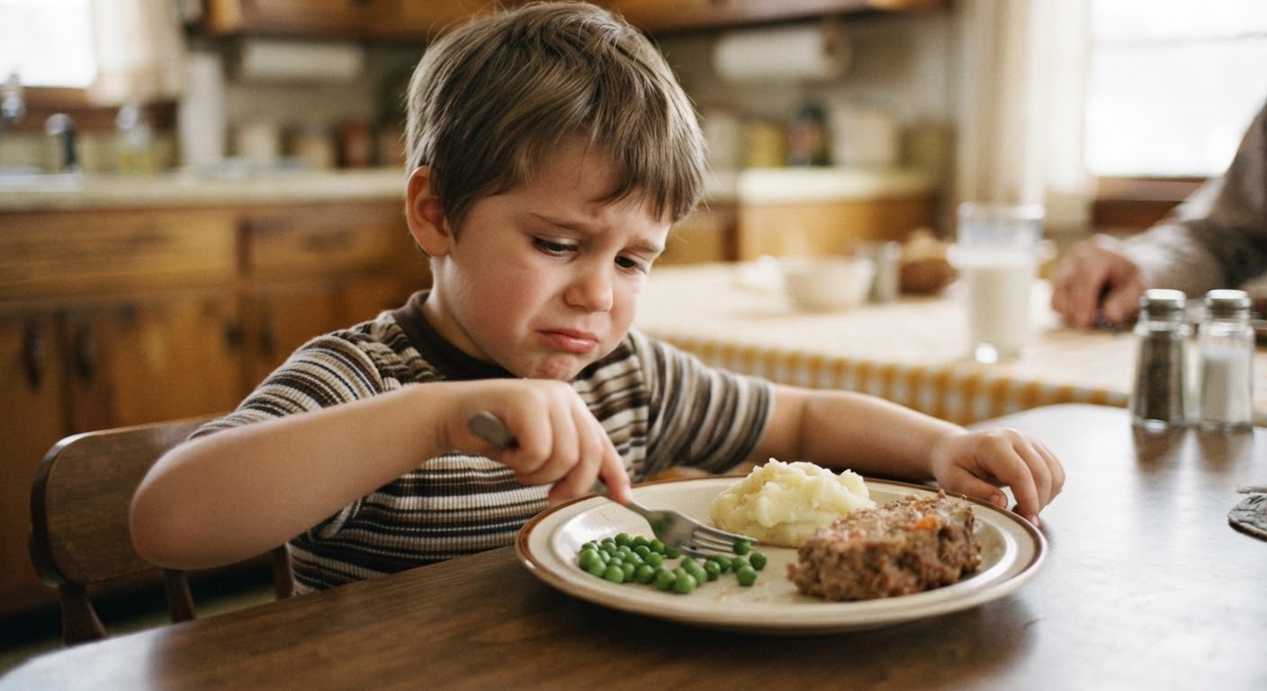 A close-up, retro-styled photo of a young boy sitting at a wooden kitchen table, looking intensely skeptical and making a face as he uses a fork to push a pile of green peas around on a plate next to mashed potatoes and meatloaf.