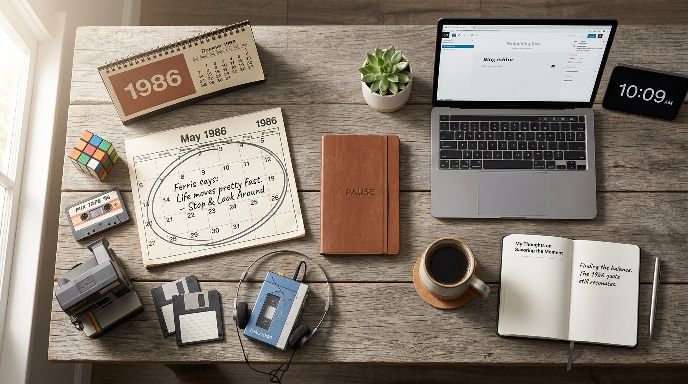 A nostalgic conceptual flat-lay image blending 1980s memorabilia with modern elements, featuring a retro calendar open to 1986 next to a contemporary workspace setup, symbolizing the passage of time and the enduring philosophy of slowing down to appreciate life.