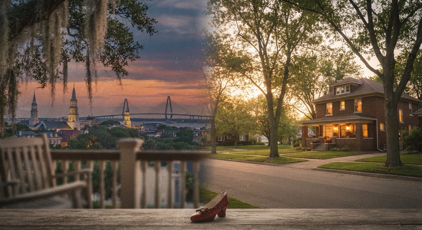 A reflective feature image capturing the concept of home and travel, featuring a classic Midwestern street under a soft morning sky, blending a sense of deep-rooted history with the open horizon of an unexpected journey.