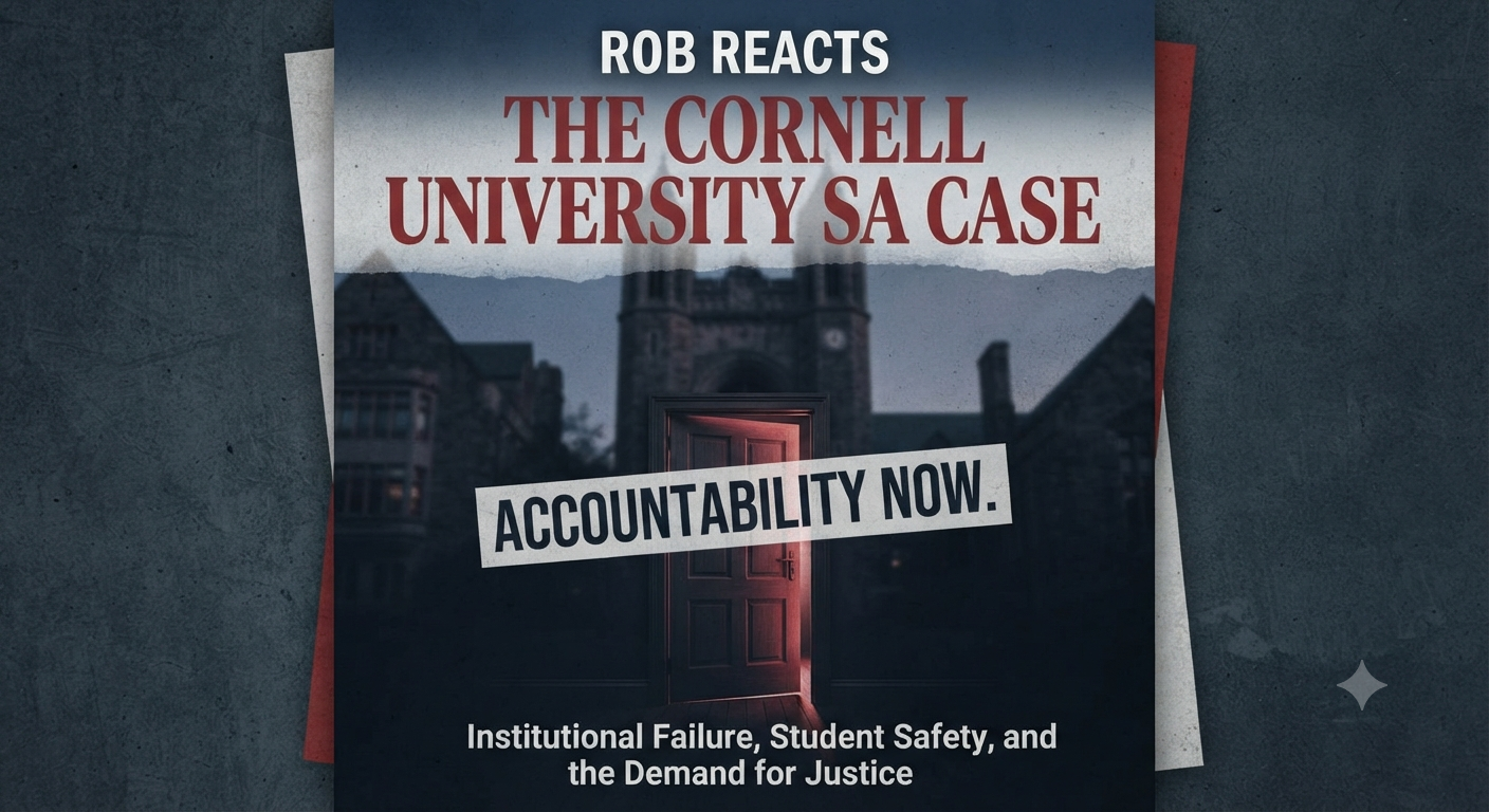 Featured image for "Rob Reacts: The Cornell University SA Case" featuring a stylized graphic with the title text at the top, a darkened campus building silhouette in the background framing a single door slightly ajar with a ribbon of warm light spilling through, overlaid with a banner reading "ACCOUNTABILITY NOW" and subtitle text at the base.
