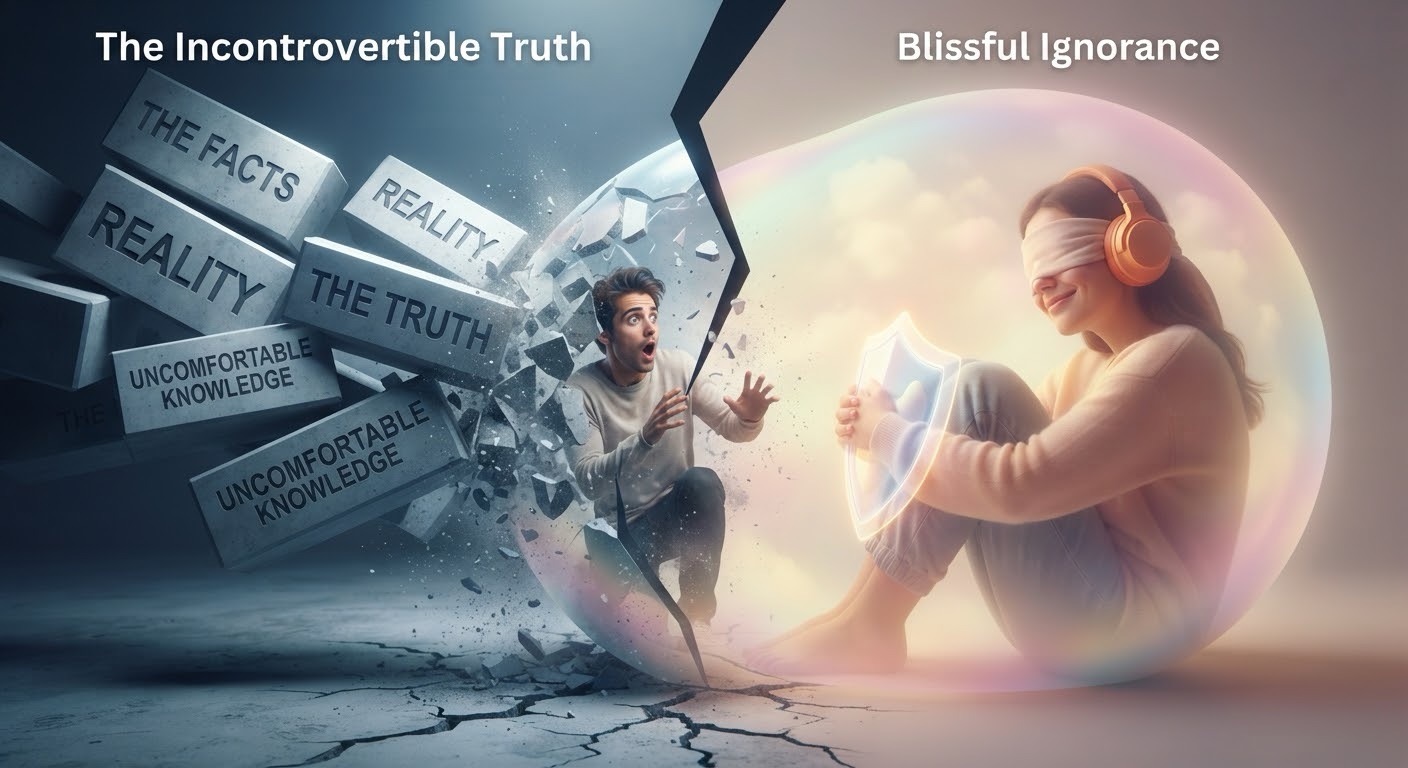 A split-composition conceptual illustration contrasting "The Incontrovertible Truth" with "Blissful Ignorance." On the left, massive concrete blocks labeled "Reality," "The Facts," and "Uncomfortable Knowledge" crash through a shattered barrier toward a shocked man. On the right, a woman sits safely inside a glowing, protective bubble, wearing a blindfold and headphones to shut out the outside world.