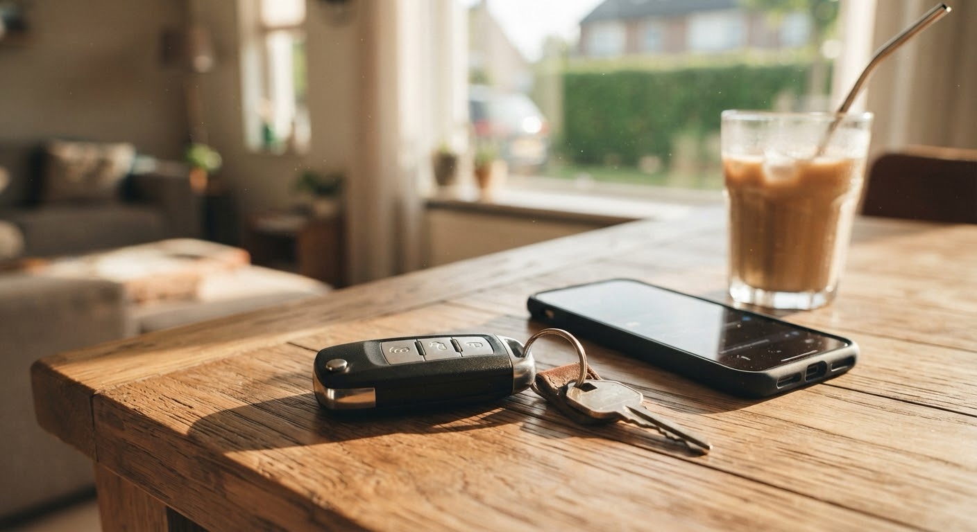 A close-up shot of a set of car keys resting on a wooden tabletop next to a smartphone and a fresh iced coffee, with the blurred background of a suburban home setting the scene for a weekend car-shopping trip.