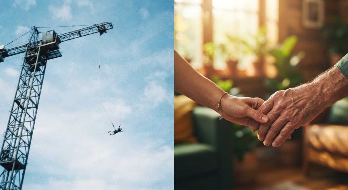 A split-screen visual featuring a high-altitude industrial tower under a wide open sky on one side, transitioning into a warm, vibrant color palette symbolizing emotional clarity and renewal on the other.