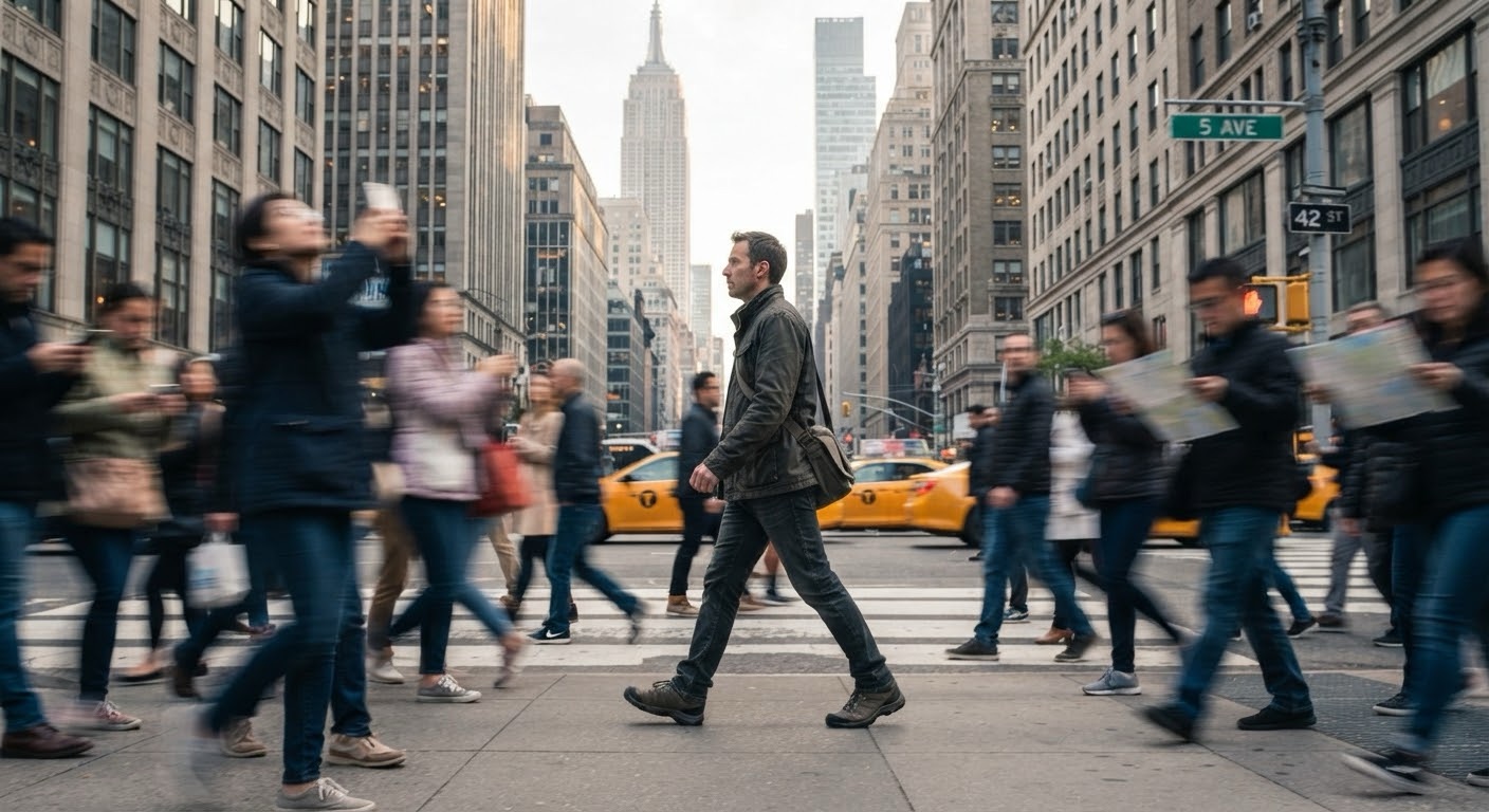 A candid street-level photograph of a busy urban sidewalk with blurred motion, showing a lone traveler walking with a purposeful, steady stride past crowds of pedestrians.