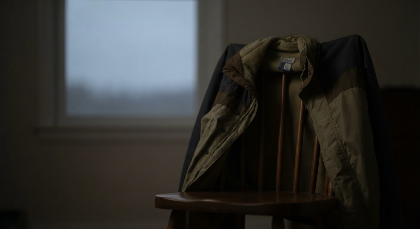 A quiet, atmospheric photograph of the olive, tan, and dark grey Columbia interchange jacket from image_1.png, draped respectfully over a dark wooden Shaker-style chair. The jacket is the central focus, illuminated by soft, moody light in an otherwise dim room. In the softly blurred background, a window looks out into a uniform, gray, overcast sky, evoking stillness and contemplation after a journey.