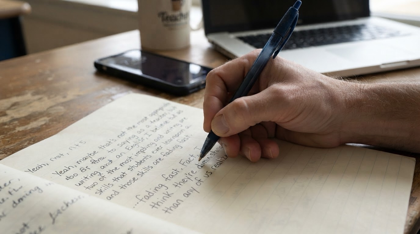 A close-up shot of a left-handed writer's hand using a blue pen to write on a lined notebook, with a laptop and smartphone blurred in the background on a wooden desk.
